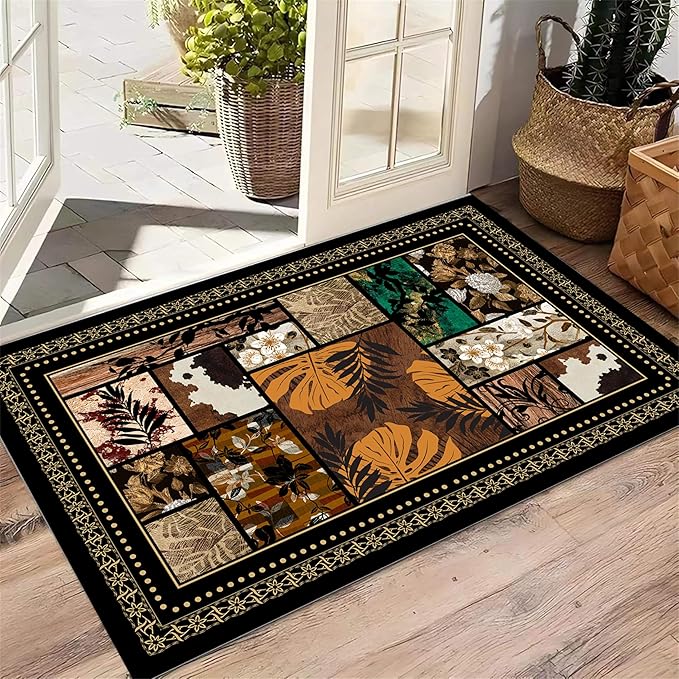 Floral Tropical Patchwork Area Rug 5x6ft, Vintage Black & Brown Country Carpet, Low Pile Non-Slip Mat for Cozy Bedroom, Dining Room, Farmhouse Decor
