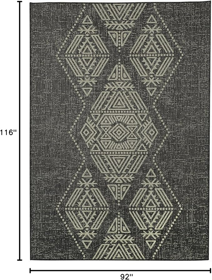 FH Home Flat Woven Outdoor Rug - Waterproof, Easy to Clean, Stain Resistant - Premium Polypropylene Yarn - Boho Moroccan - Large Patio, Deck, Sunroom - Ariana - Charcoal - 7ft 8in x 9ft 8in