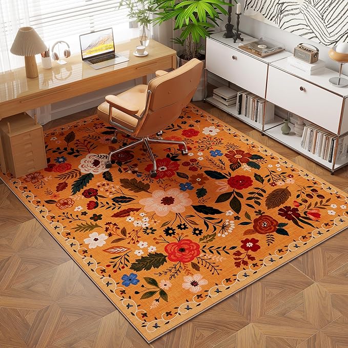 Rugcomf Bedroom Rug 3x5 Rug Washable Area Rug Non Slip Low Pile Boho Floral Small Carpet for Bedroom, Bedside, Kitchen, Entryway, Kids Room, Office, College Dorm Essentials for Girls(Yellow)