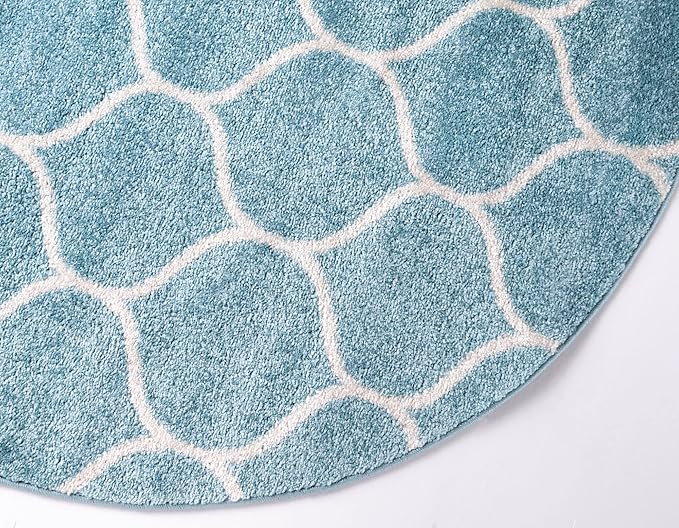 Rugs.com Lattice Frieze Collection Rug – 4' Round Light Blue Medium Rug Perfect for Kitchens, Dining Rooms