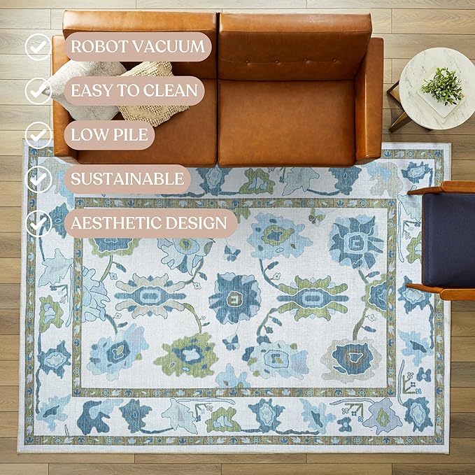 Fame Living Green Oushak Runner Rug, Modern Runners, Vintage, Turkish, Eclectic, Floral, Pastel, Washable, Runner for Hallway, Kitchen, Bedroom, Bathroom, 2'5"x9'8"