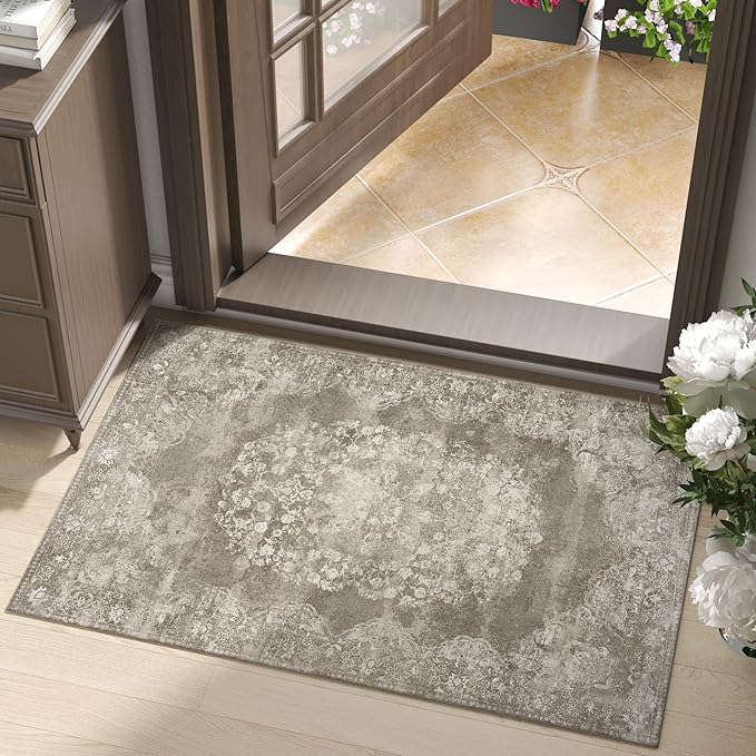 jinchan Floral 2x3 Rug for Entryway - Vintage Washable Area Rug Ultra-Thin Low Pile Soft Small Non-Slip Distressed Indoor Doormat Accent for Entrance Kitchen Bedroom Bathroom (2x3ft, Brown)