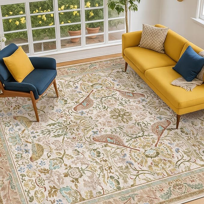 Washable Area Rugs 5x8 for Bedroom - Western Nature Rugs for Living Room, Dinning Room,Playroom, Guest Room with Boho Beige Neutral Botanical & Bird Pattern, Non Slip Stain Resistant Low Pile