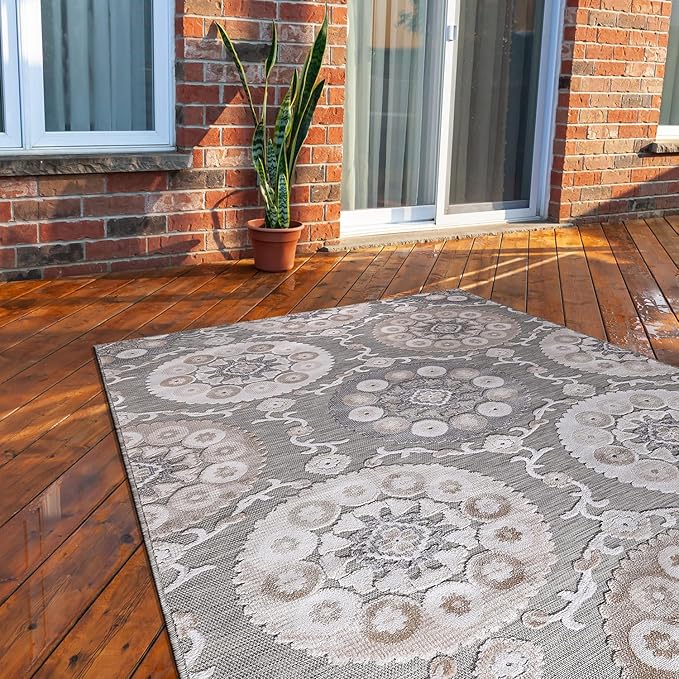 CAMILSON Indoor Outdoor Rug 8x10 Bohemian Medallion Floral Area Rugs for Indoor and Outdoor Patios Easy-Cleaning Non-Shedding Living Room Garden and Kitchen Washable Outside Carpet (8 x 10 / Beige)