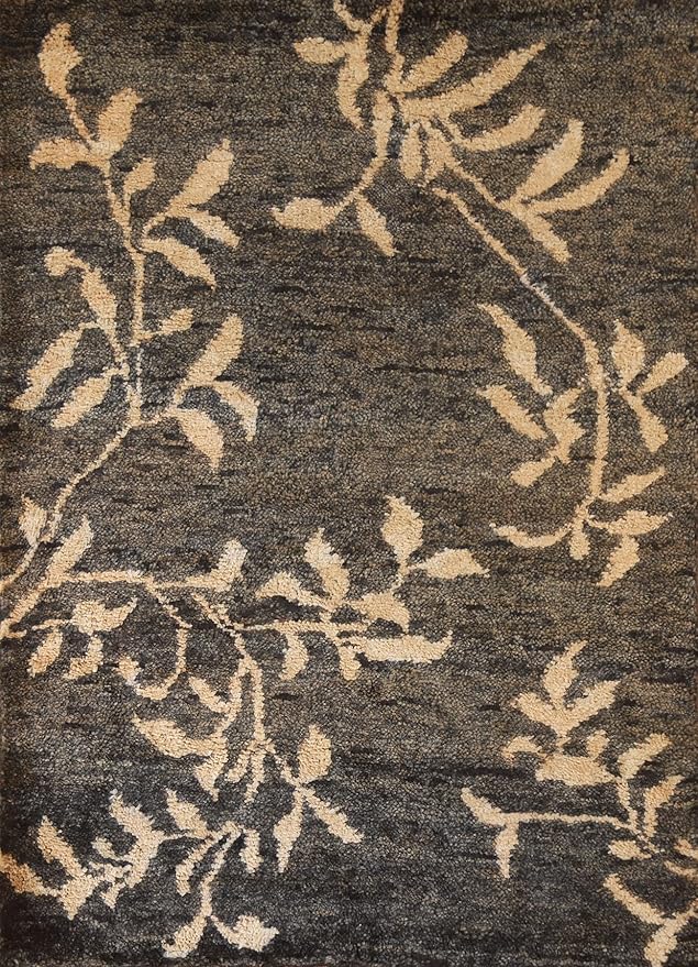 Rug Source Modern Collection 5x7 Area Rug, Hand Knotted Black Floral Rug, Oriental Jute Carpet for Bedroom, Living Room, Dining Room