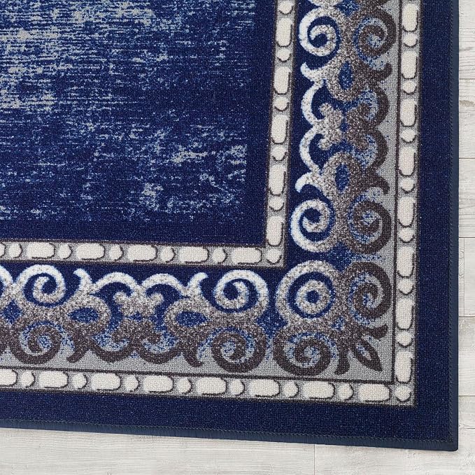 Antep Rugs Alfombras Bordered Modern 5x7 Non-Slip (Non-Skid) Low Pile Rubber Backing Indoor Area Rug (Navy, 5' x 7')