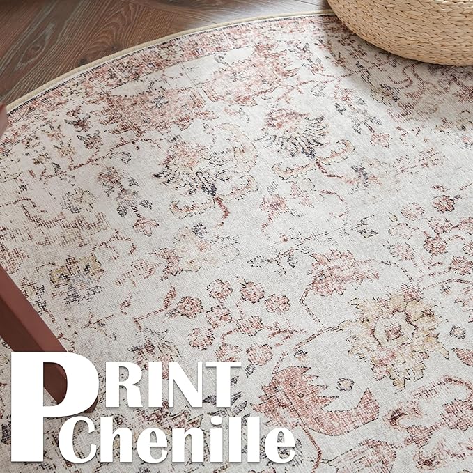 jinchan Kalen Round Rug 7ft Area Rug Washable Vintage Indoor Retro Accent Floor Cover Distressed Floral 7' Round Circle Boho Non Slip Thin Carpet for Living Room Dining Room Bedroom Kitchen Red