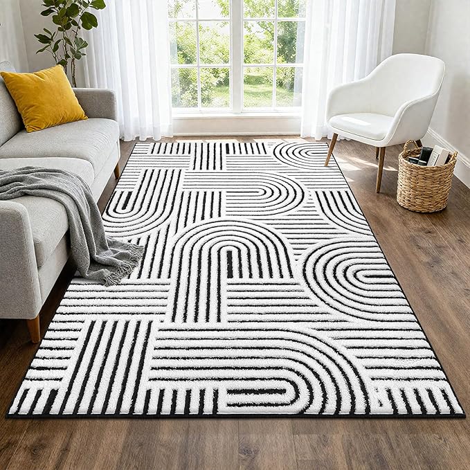 SHACOS Soft Cozy Fluffy Arch Pattern High Low Pile Area Rugs 6'x9' Large Non Slip Washable Modern Geometric Rug Scandinavian Minimalist Carpet for Living Room Bedroom Dining Room, Black White