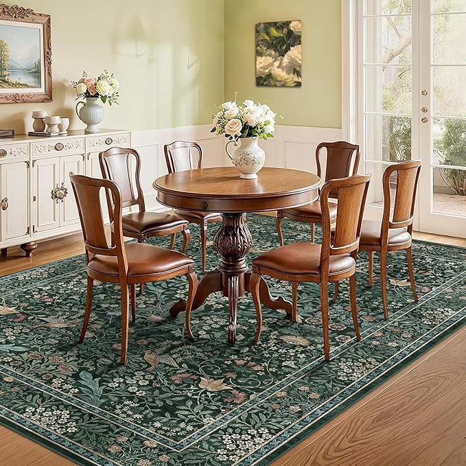 5x7 Floral Washable Area Rug for Living Room, Vintage Boho Rugs for Bedroom Dining Room, Botanical Birds Non Slip Low Pile Forest Throw Carpet for Farmhouse Office, Retro Green/Blue