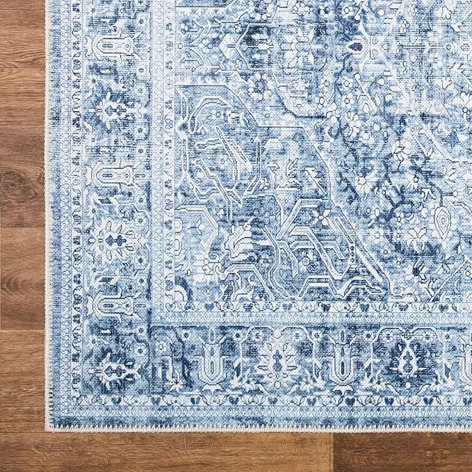 Bloom Rugs Washable Non-Slip 12 ft Runner - Ivory/Denim Blue Traditional Medallion Runner for Entryway, Hallway, Bathroom, and Kitchen - Exact Size: 2.5' x 12'