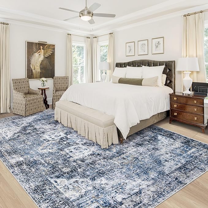 Area Rug 9x12 Washable Rug, Vintage Boho Medallion Rugs Non-Slip Soft Low Pile Large Distressed Rug Indoor Retro Carpet for Living Room Bedroom Dining Room Home Office (Blue, 9'x12')