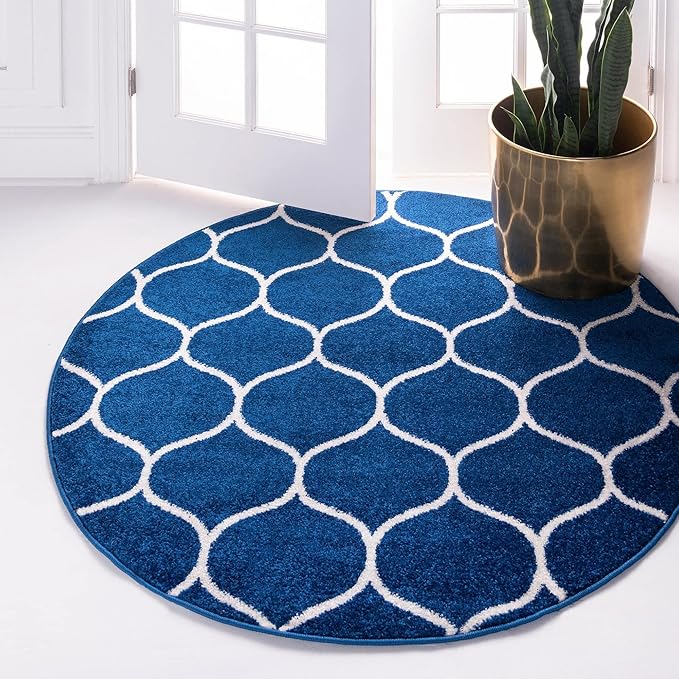 Rugs.com Lattice Frieze Collection Rug – 6' Round Navy Blue Medium Rug Perfect for Kitchens, Dining Rooms