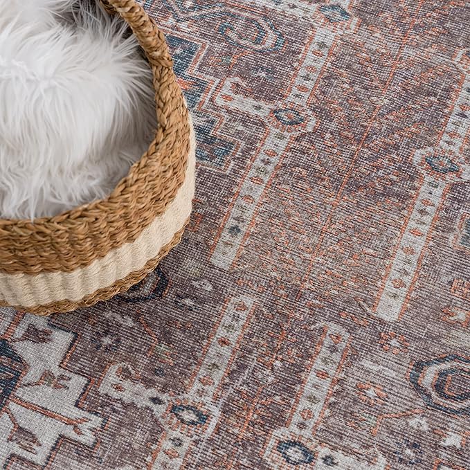 Bloom Rugs Washable 3' x 5' Rug - Brown/Blue/Orange Traditional Area Rug for Living Room, Bedroom, Dining Room, and Kitchen - Exact Size: 3' x 5'