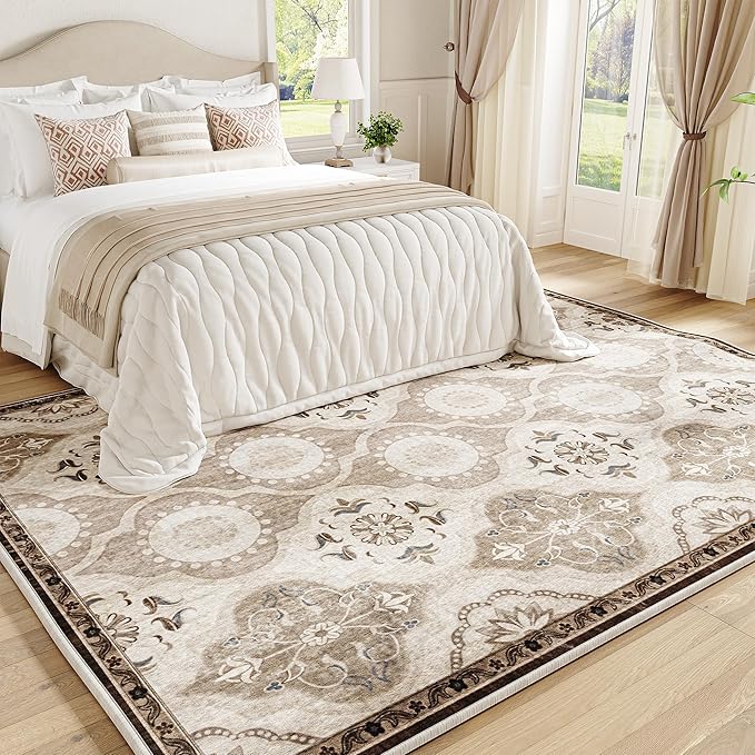 EnHomee Area Rugs 5x7, Soft Washable Rugs for Living Room Bedroom, Boho Non Slip Low Pile Stain Resistant Washable Rug Large Carpet for Dining Room,Easy to Clean Living Room Rug, Khaki