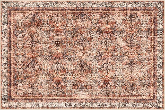 Phantoscope Washable Area Rug 4'x6' Non-Slip, Vintage Neutral Xmas Rugs for Living Room, Bedroom, Dining Room, Distressed Boho Floral Medallion Pattern, Low-Pile Foldable Floor Carpet, Brick Red/Black
