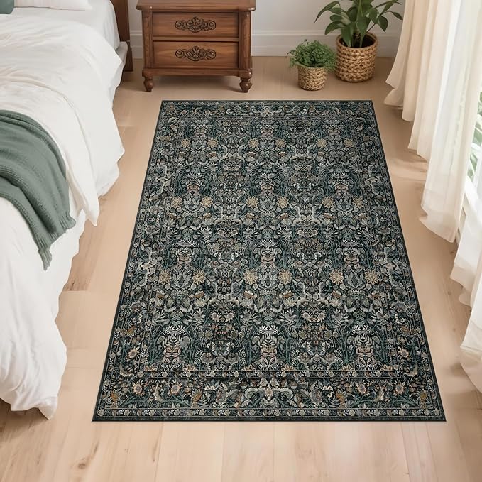 Washable Living Room Rug: 3x5 Boho Floral Soft Area Rug for Bedroom Decor - Vintage Low Pile Thin Carpet for Dining Room Non-Slip - Farmhouse Stain Resistant Rugs - Dark Green