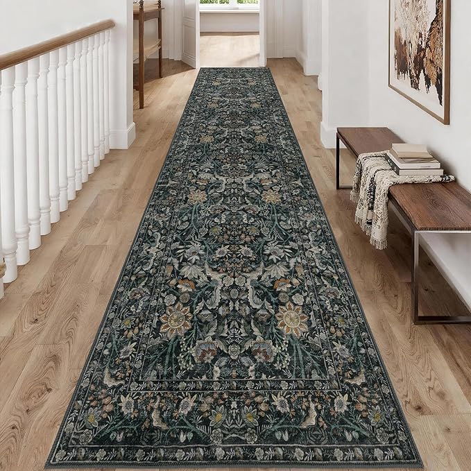 Washable Runner Rug 2x8: Vintage Boho Floral Carpet Runners for Hallway Entryway Non-Slip - Soft Botanical Low Pile Thin Mat for Kitchen Bathroom Bedroom Laundry Floor Decor - Dark Green