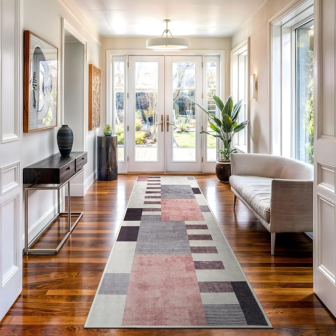 Bloom Rugs Washable Non-Slip 12 ft Runner - Beige/Pink Modern Geometric Runner for Entryway, Hallway, Bathroom, and Kitchen - Exact Size: 2.5' x 12'