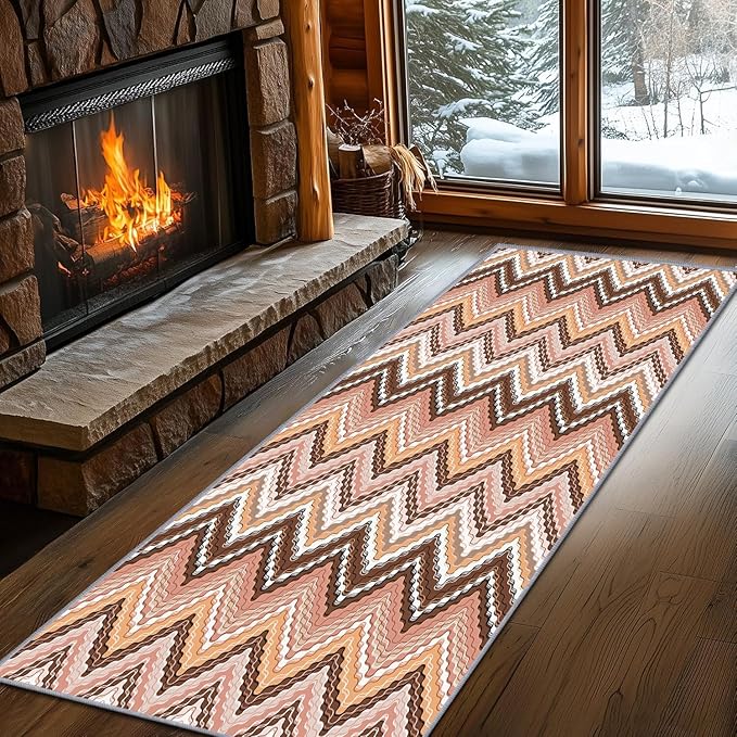 Brown Pink White Wave Runner Rug, 4x12ft Soft Tone Hallway Decor Carpet - Modern Home Corridor & Foyer Long Rug Non-Slip Mat, Washable Flannel Material, Bedroom Stylish Accent Rugs