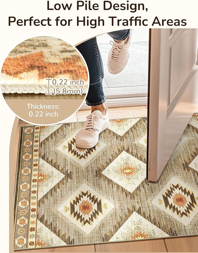 Area Rug 7x9 Rug Machine Washable Non-Slip Low Pile Print Pattern Western Rug for Living Room Bedroom Entryway Tribal Series-Cream/Camel