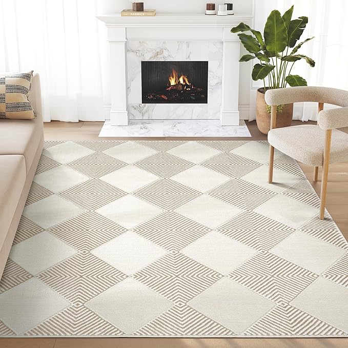 Abani Cream Area Rug for Living Room, Bedroom - Diamond Pattern - 5 x 8 - Durable & Easy to Clean