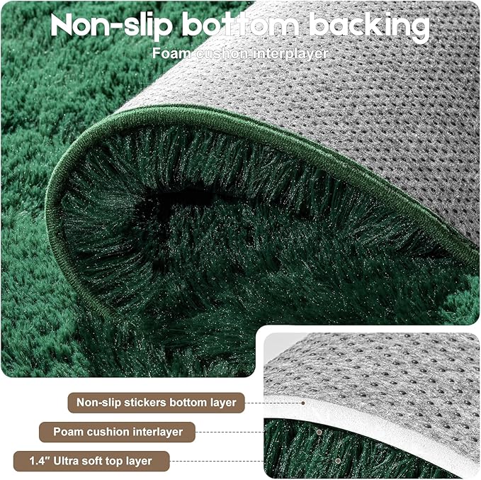 2x3 Dark Green Rugs for Bedroom Living Room, Fluffy Small Area Rug Soft Shag Carpet for Kids Boys and Girls Room with 4 Rugs Non-Slip Stickers Dorm Home Decor (2ft x 3ft)