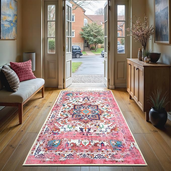 GLN Rugs Traditional Collection - Machine Washable Area Rug, Traditional Washable, Non Slip, Low Pile Chenille Rug, Living Room, Bedroom, Kitchen Rug (2'6" x 7' Pink/Multicolor)
