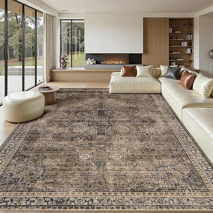 4x6 Washable Area Rug for Living Room, Carpet for Bedroom, Soft Faux Wool Retro Dining Room Rug, Non Slip&Non-Shedding Resistant Low Pile Vintage Print Rug for Home Office (Brown1)