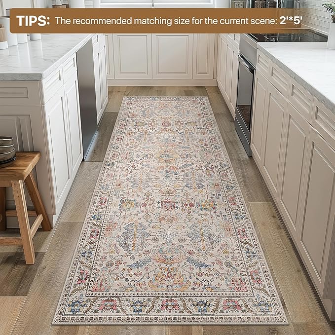 Bavni Runner Rug, Machine Washable Rugs for Bedroom 2x5, Non Slip Boho Rugs with Rubber Backing, Ultra-Thin Folable Rug Runner for Hallways Bathroom, Retro Multi