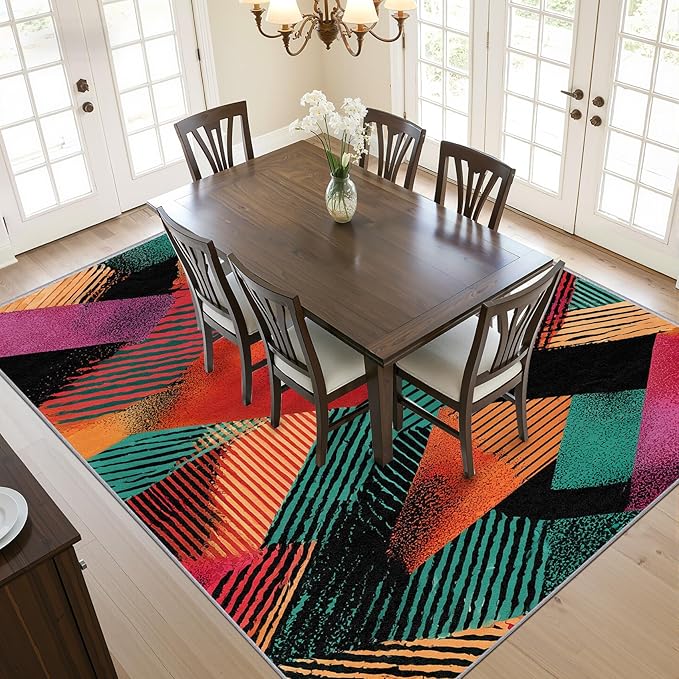Patchwork Bedroom Rug - Abstract Geometric Art Rug, 6x9 Area Rugs, Multicolor Retro Aesthetic Non Slip Fade Resistant Large Carpets Home Decor #C036