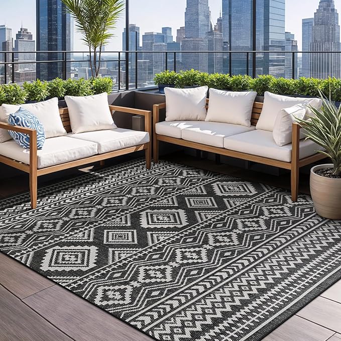 Beverly Rug Waikiki Boho Indoor Outdoor Rug 10x14, Washable Outside Carpet for Patio, Deck, Porch, Bohemian Area Rug, Farmhouse Rugs, Aztec Tribal Rug, Black and White