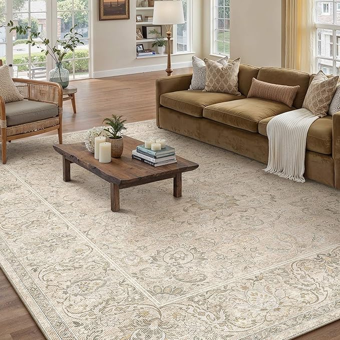 HUGEAR 5x7 Machine Washable Area Rugs Vintage Beige - Neutral Living Room Bedroom Rug Non Slip Stain Resistant Low Pile Aesthetic Throw Carpet Kids & Pet Friendly