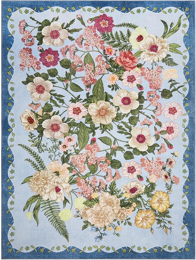 Area Rug for Living Room - 8x10 Washable Floral Rugs Non-Slip Soft Low Pile Bedroom Rug Under Bed Stain Resistant Accent Indoor Floor Carpet for Dining Room Playroom Home Office Decor, Blue