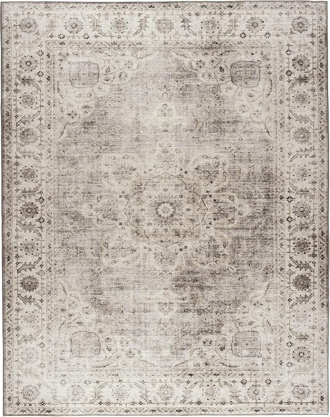 ReaLife Rugs Machine Washable Area Rug - Stain Resistant,Non-Shed - Eco-Friendly,Non-Slip, Family & Pet Friendly - Made from Premium Recycled Fiber - Vintage Bohemian Medallion - Beige Ivory, 4' x 6'