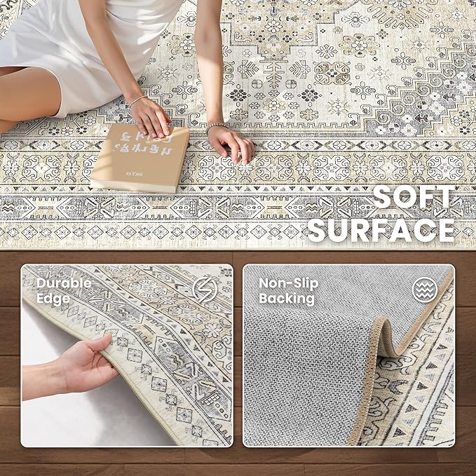 zesthome 3x5 Rug Ultra Soft Washable Rug, Non Slip Area Rug Indoor Entrance, Stain Resistant Rugs for Living Room Bedroom, Vintage Home Decor Area Rugs (Beige,3'x5')