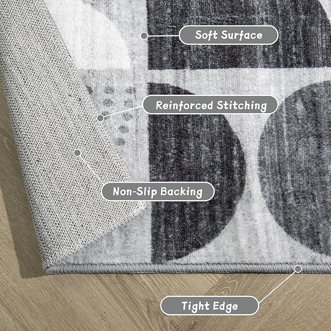MUJOO Runner Rug Washable,2x8 Area Rugs for Hallways Kitchen Bedroom Entryway Bathroom,Non Slip Carpet Long Mat Indoor,Boho Soft Modern Abstract Black and Grey
