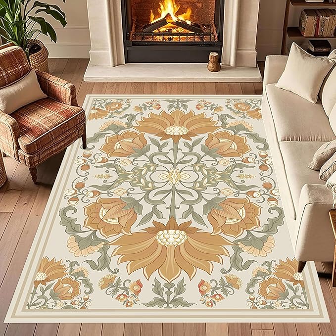 Abstract Sunflower Area Rugs, 4x5ft, Traditional Rustic Vintage Tropical Floral Theme Beige Farmhouse Boho Carpet, Shaggy Low Pile Fade Resistant Home Goods Rug for Living Room Kitchen