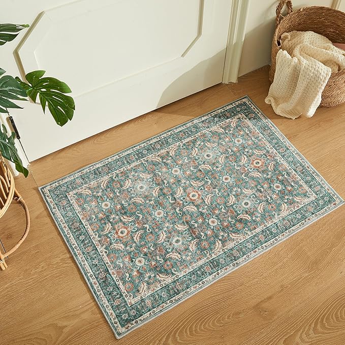 WITSHOCK Washable 2x3 Entryway Area Rug: Soft Non-Slip Backing Washable Rugs Vintage Flower Boho Accent Small Rugs for Bedroom, Kitchen, Bathroom, Nursery Entrance,Teal Blue