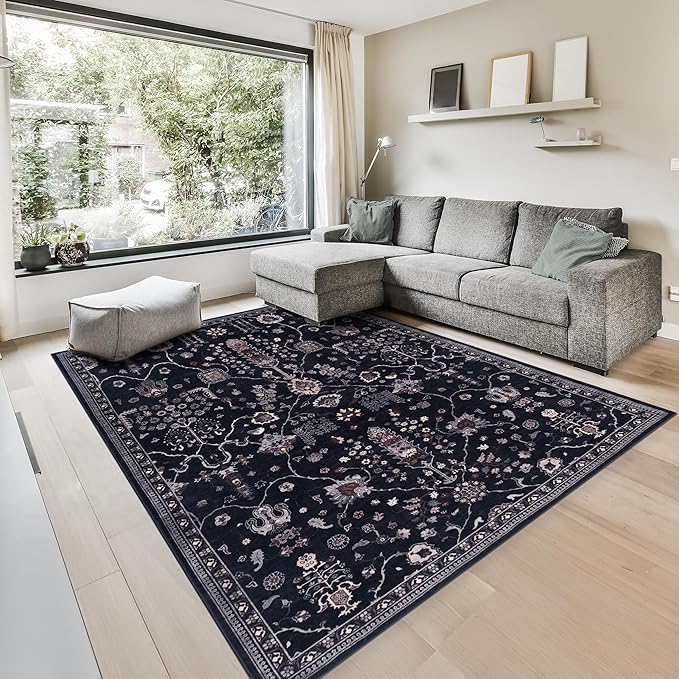 GLN Rugs Traditional Collection - Machine Washable Area Rug, Traditional Washable, Non Slip, Low Pile Chenille Rug, Living Room, Bedroom, Kitchen Rug (4' x 6' Black)