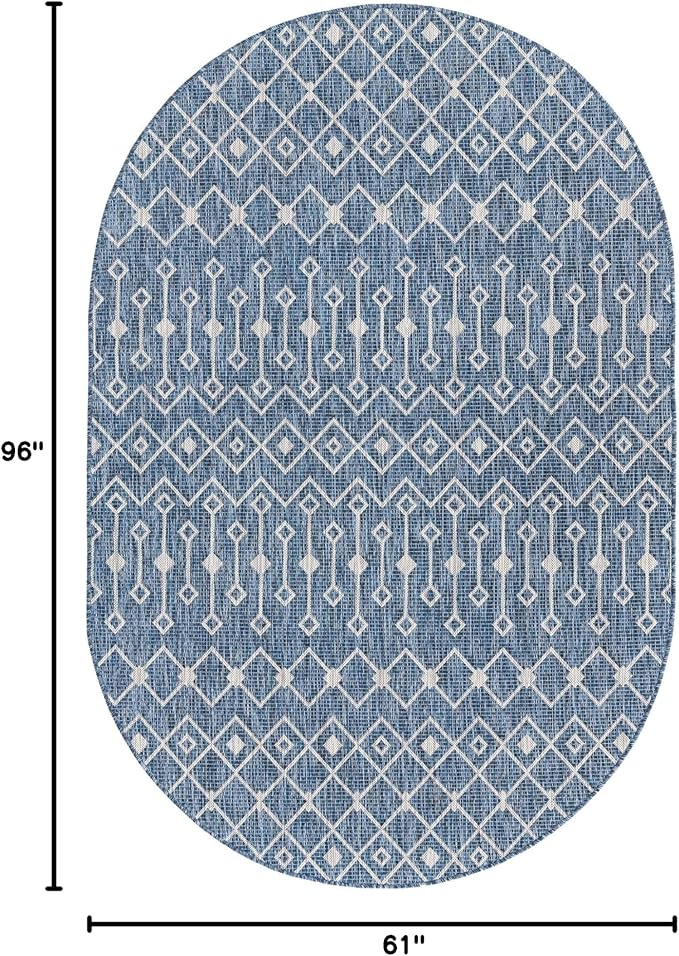 Unique Loom Outdoor Trellis Collection Area Rug - Tribal Trellis (5' 1" x 8' Oval, Blue/ Ivory)