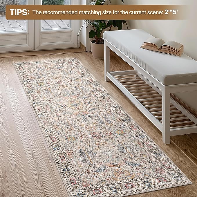 Bavni Runner Rug, Machine Washable Rugs for Bedroom 2x5, Non Slip Boho Rugs with Rubber Backing, Ultra-Thin Folable Rug Runner for Hallways Bathroom, Retro Multi