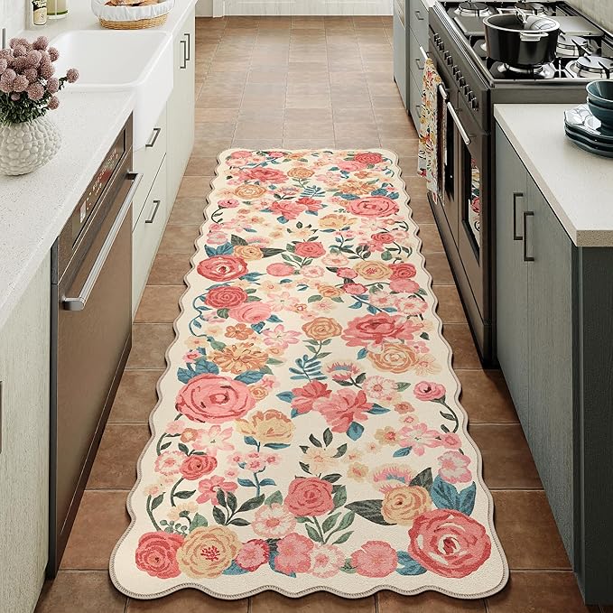 Washable Floral Runner Rug 2x6 Beige Hallway Carpet Scalloped Flower Non Slip Soft Long Kitchen Runner Farmhouse Low Pile Thin Indoor Floor Cover for Bathroom Bedroom Laundry Room Entryway