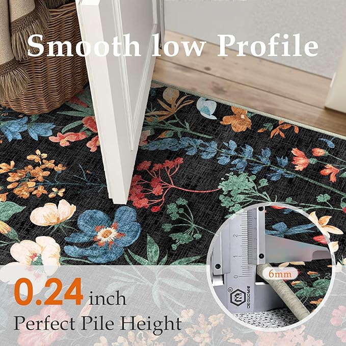 Floral Runner Rug 2x10 Washable Hallway Long Black Bedroom Carpet Non Slip Indoor Boho Kitchen Low Pile Accent Rug Lightweight Soft for Bathroom Dining Laundry Living Room