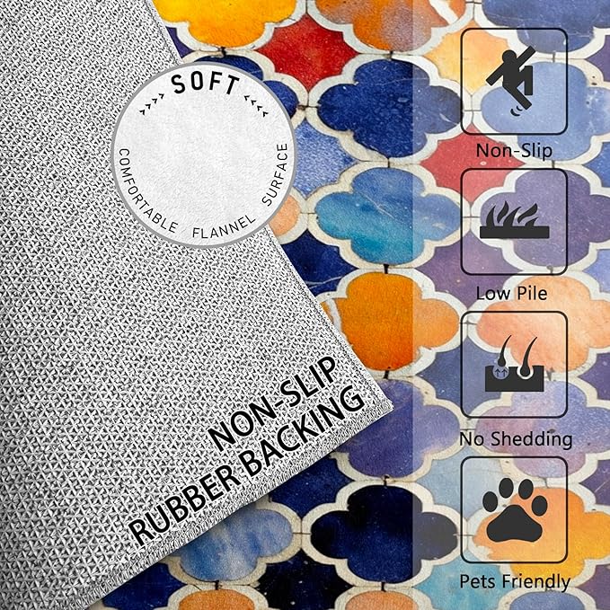 Moroccan Rugs for Living Room - 8x10 Area Rugs, Moroccan Trellis Living Room Rug, Colorful Geometric Rug for Bedroom, Oriental Tile Washable Carpet, Traditional Patchwork Home Decor & Gifts