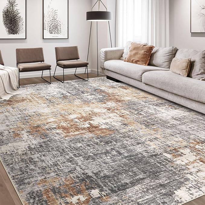Area Rug Living Room Rugs - 7x9 Washable Large Soft Indoor Neutral Modern Abstract Low Pile Rug Carpet for Bedroom Dining Room Farmhouse Home Office - Grey Brown