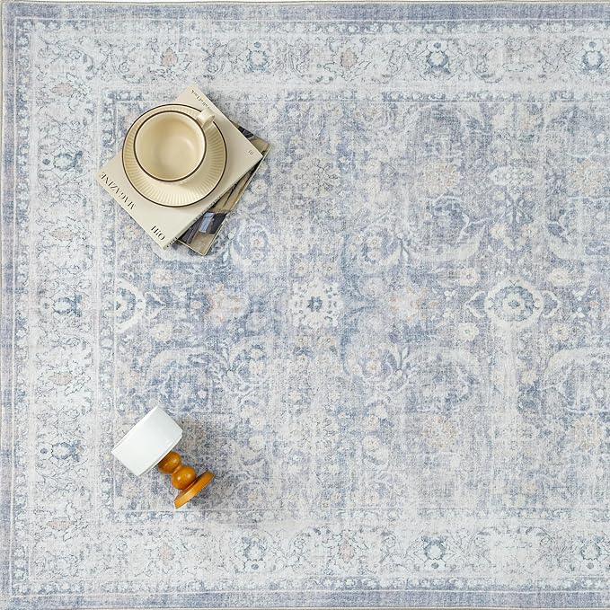 9x12 Blue Area Rug for Living Room Bedroom Neutral Soft Non Slip Rug Low Pile Vintage Distressed Large Carpet for Dining Room Nursery Office Indoor