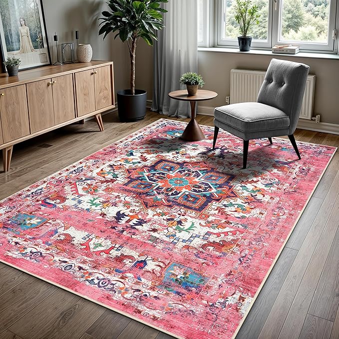 GLN Rugs Traditional Collection - Machine Washable Area Rug, Traditional Washable, Non Slip, Low Pile Chenille Rug, Living Room, Bedroom, Kitchen Rug (9' x 12' Pink/Multicolor)