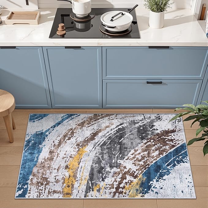 Ciicool Modern Abstract Swirl Area Rug, 2x3 Grey Navy Washable Small Entryway Rug, Low Pile Soft Non-Slip Kitchen Rug Thin Throw Rugs Room Mat Foldable Bathroom Rugs Non-Shedding Floor Carpet Indoor