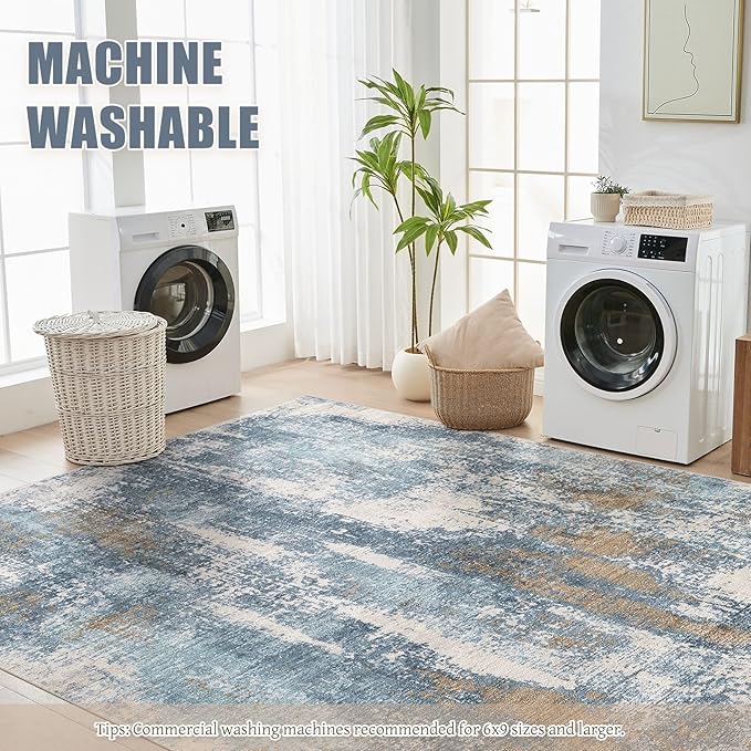 Area Rug Living Room Rugs - 8x10 Washable Large Soft Indoor Neutral Modern Abstract Low Pile Rug Carpet for Bedroom Dining Room Farmhouse Home Office - Blue Brown