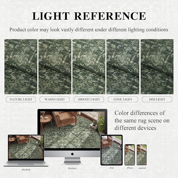 3x5 Washable Area Rugs for Living Room, Vintage Boho Large Rug for Bedroom Dining Room Office, Distressed Floral Print Carpet for Under Table, Soft Non Slip Low Pile Throw Carpet Indoor Mat, Green